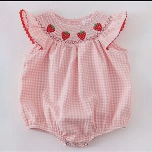 Pink smocked  Gingham Baby Romper with Strawberry Embroidery